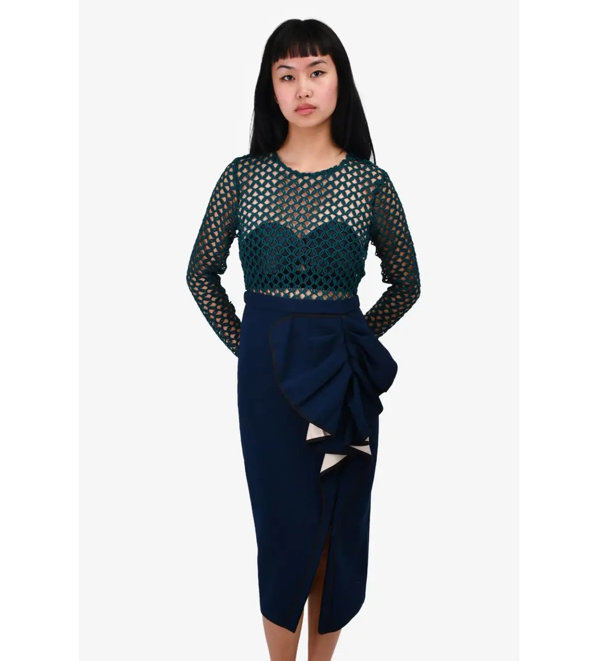 Self-Portrait  Crochet Dress with Ruched Skirt Navy Blue/Teal Size 2/Au 6 photo 2