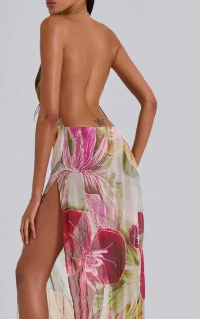 Jaded London Dahlia Hand-Beaded Backless Chiffon Maxi Dress in Rosa photo 2