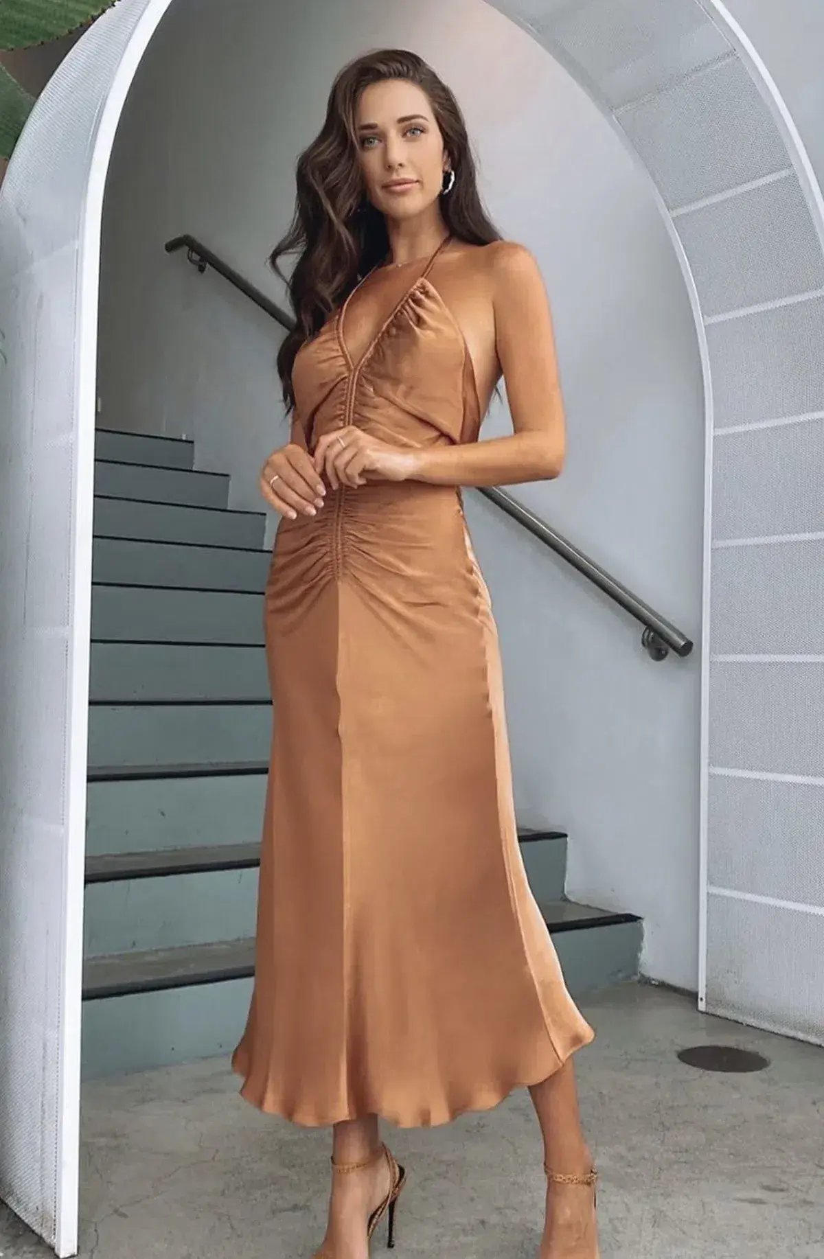 Shona Joy Gala Halter Ruched Midi Dress in Copper Size 8 photo 3