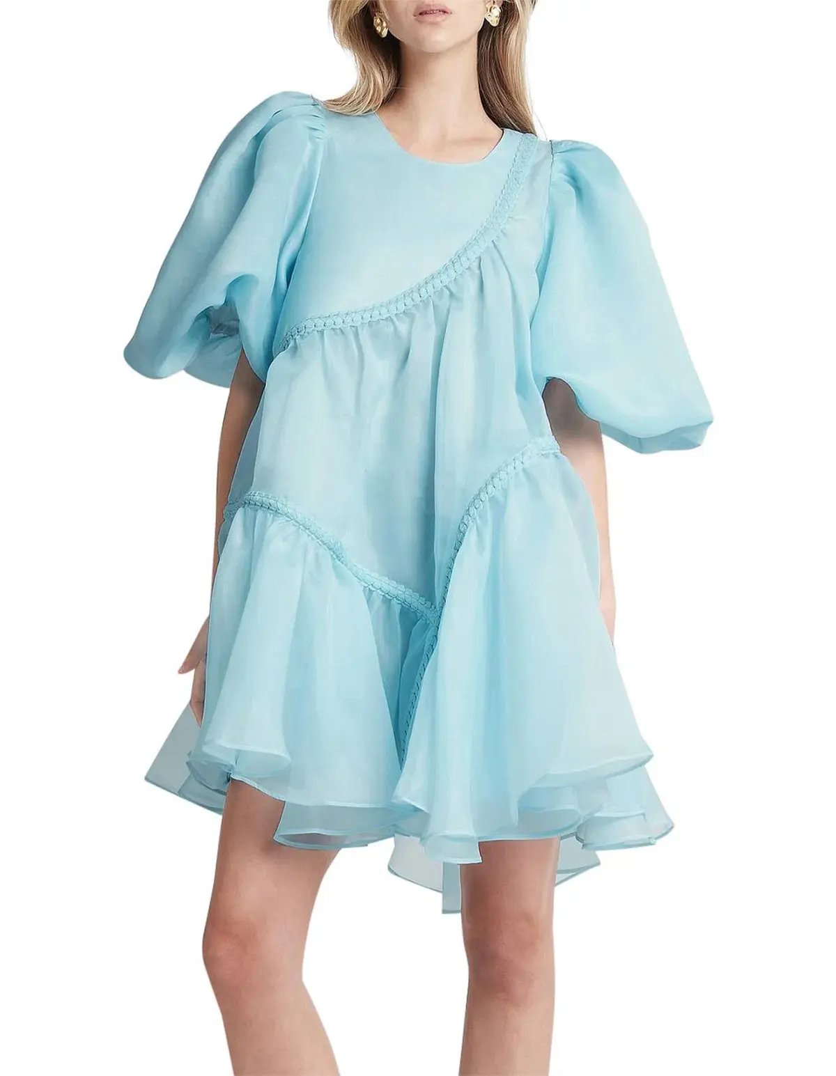 Aje Riviera Asymmetric Braided Puff Sleeve Smock Dress Blue Size 12 photo 5