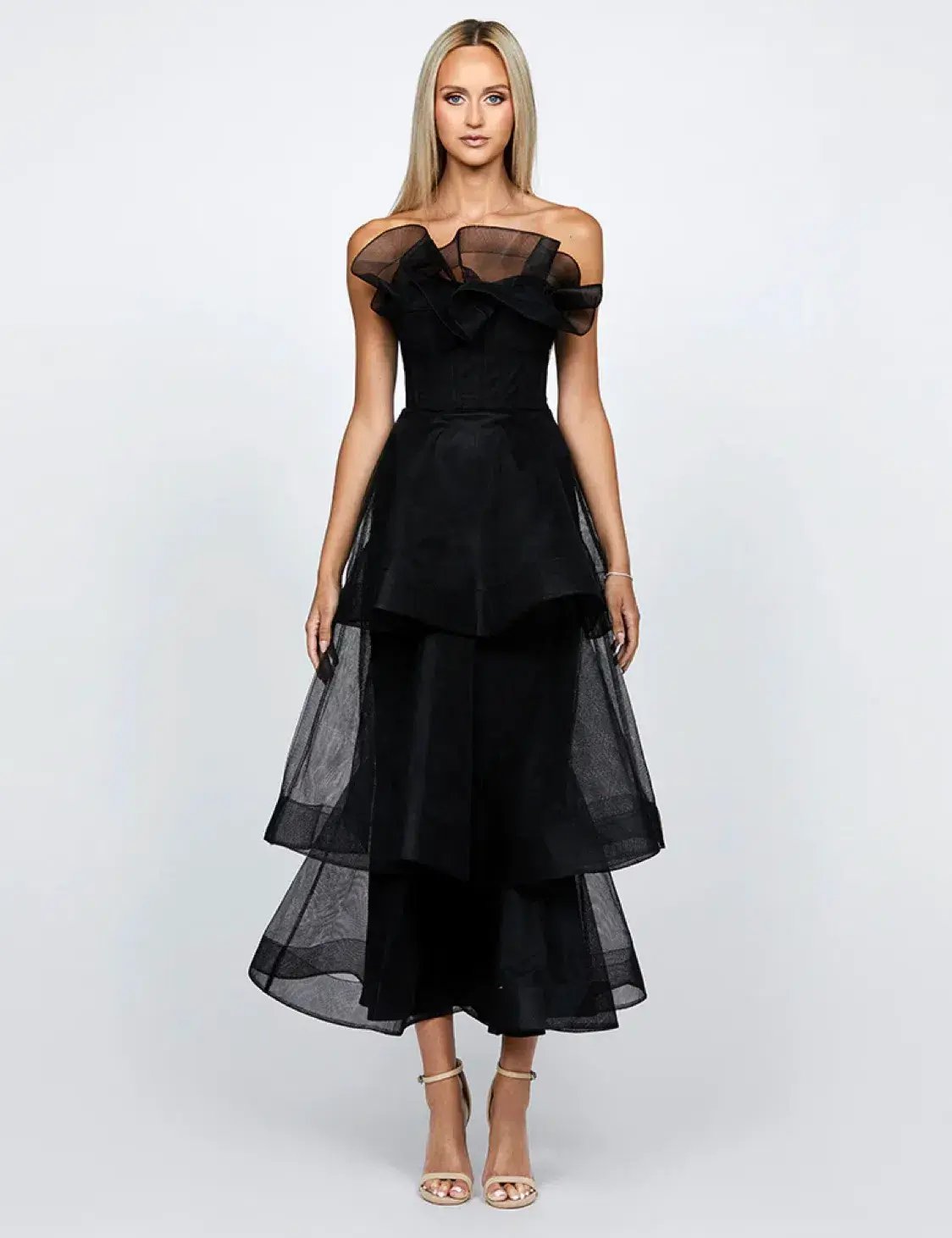 Barino Kascade Tiered Ruffle Midaxi Midi Black Size AU 10 photo 2