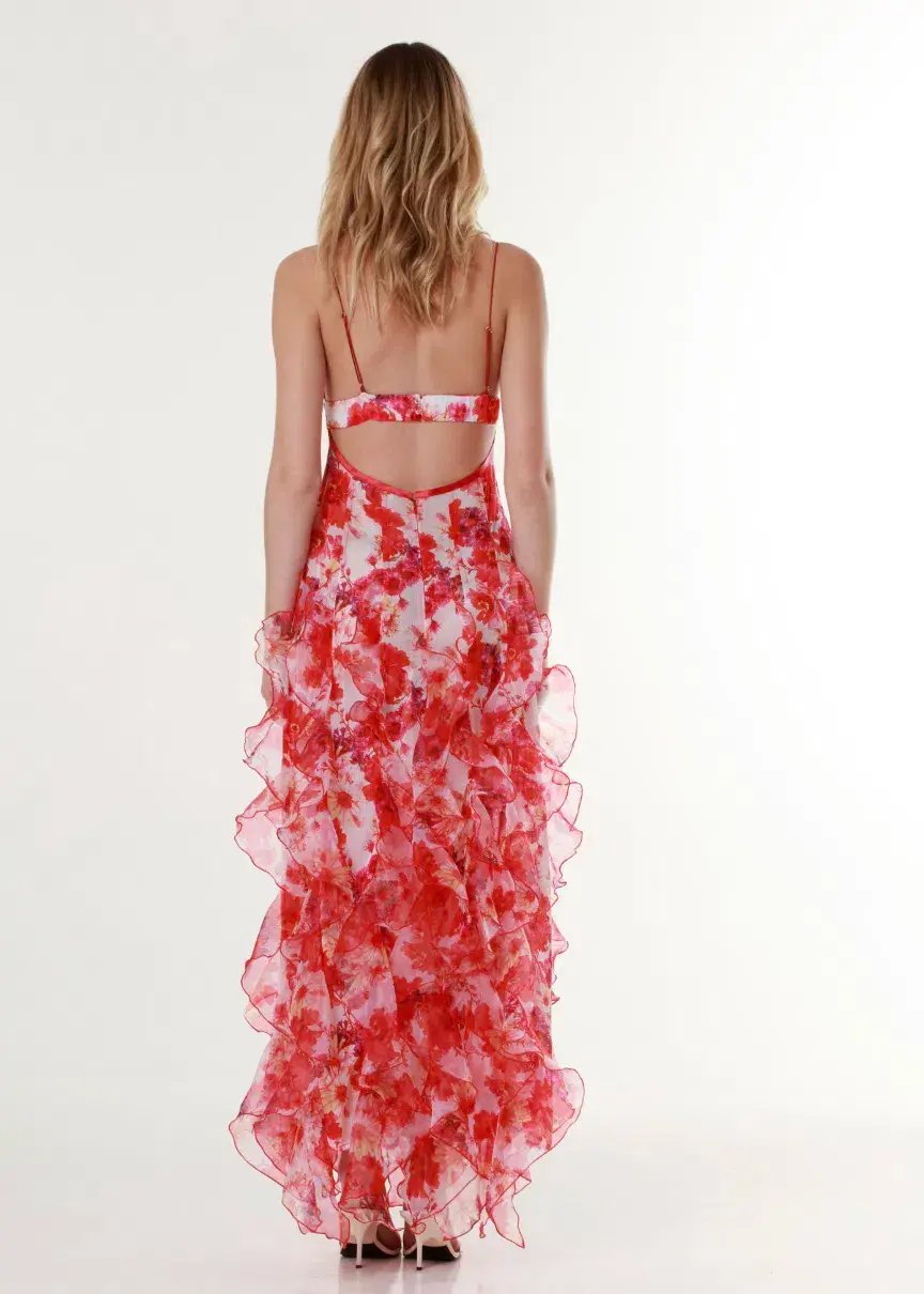 Menti Red Margarita Ruffle Floral-Print Maxi Dress Floral Size 10 photo 2