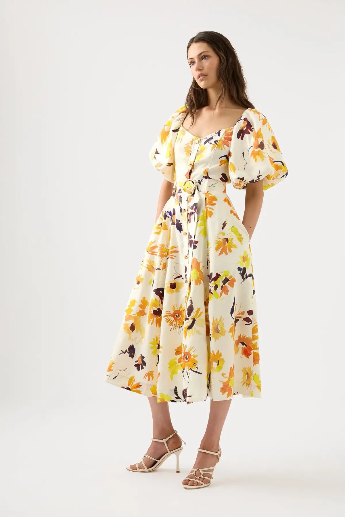 AJE Soleil Belted Midi Dress Pressed Sunflowers Size 10 photo 2