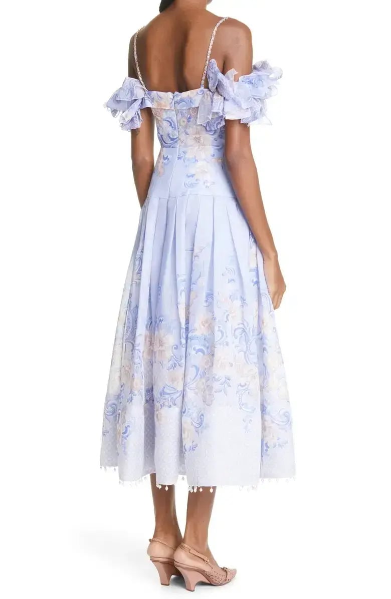 Zimmermann Postcard Bow Bodice Midi Dress Blue Floral Size 1 / Au 10 photo 2