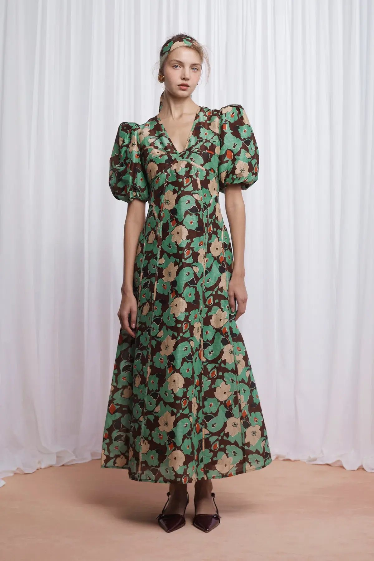 Lovaan Adeline Silk Linen Green Floral Size 8 photo 2