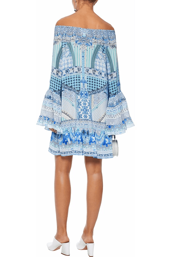 Camilla Woman Day Dreamer Off-the-shoulder Embellished Silk Crepe De Chine Mini Dress Light Blue Size 14 photo 3
