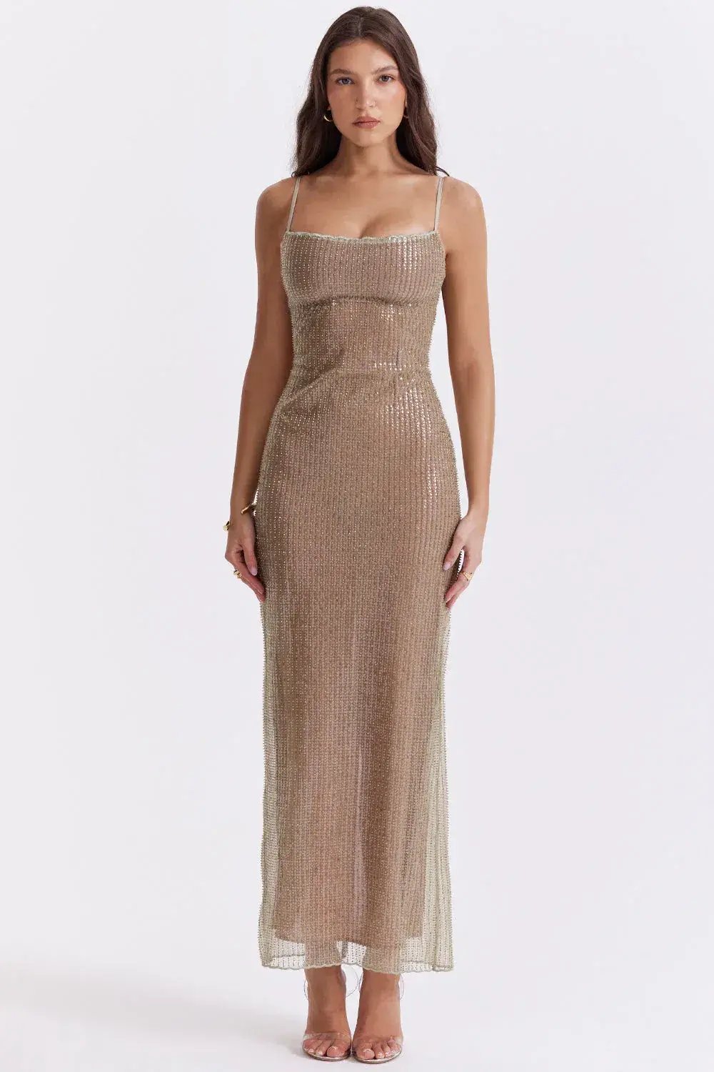 House of CB Alondra Beaded Maxi Dress Cafe Au Lait Size XS / AU 6 photo 2