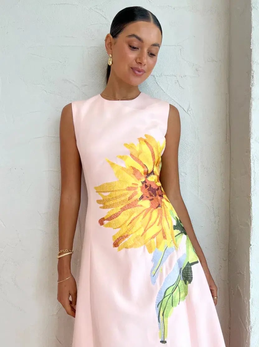 Leo Lin Cleo Sleeveless Midi Dress Sunflower Print in Pink Size 14 photo 3