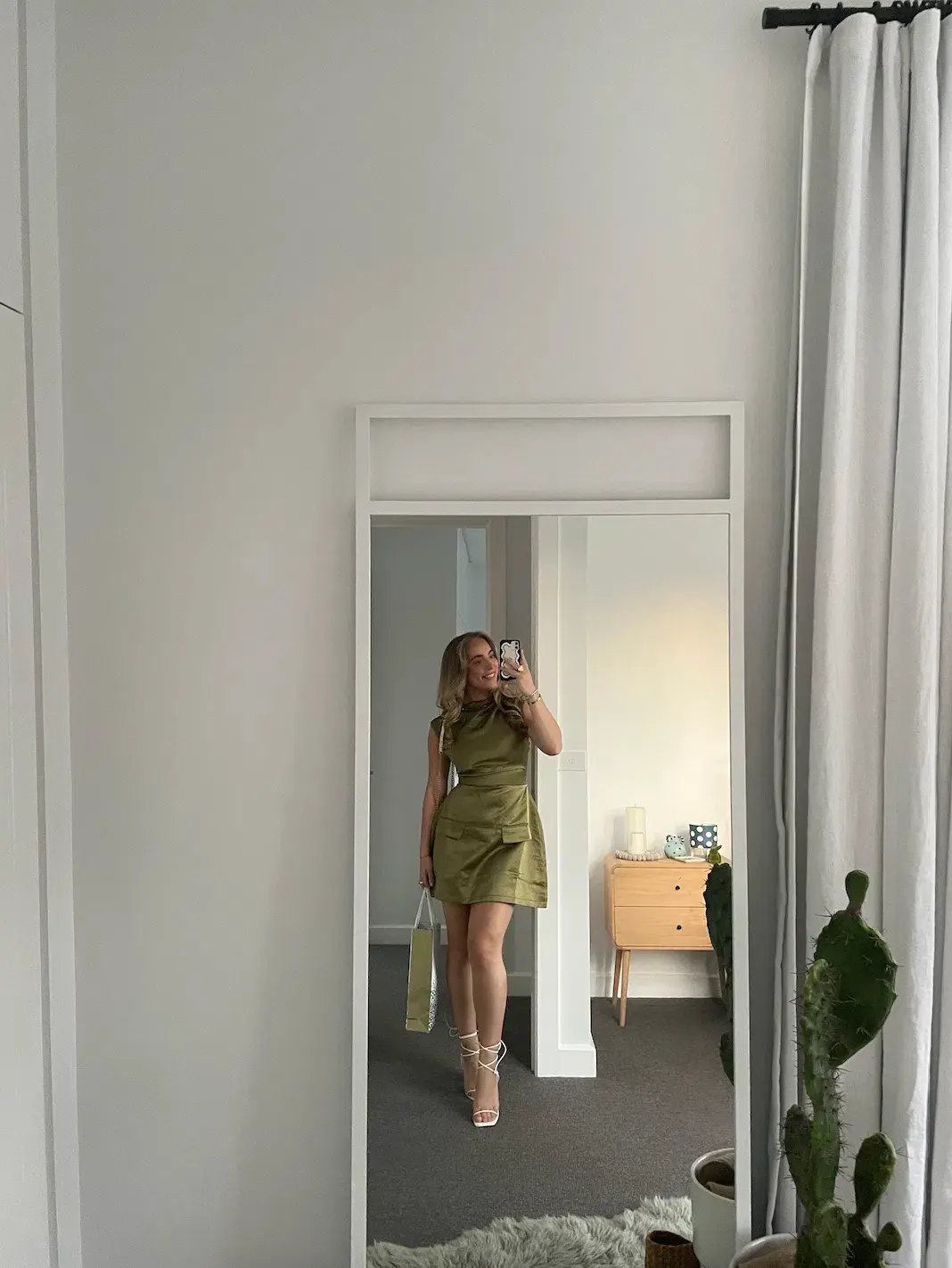 Odd Muse The Ultimate Muse Satin Straight Neck Mini Dress Olive Size 8 photo 3