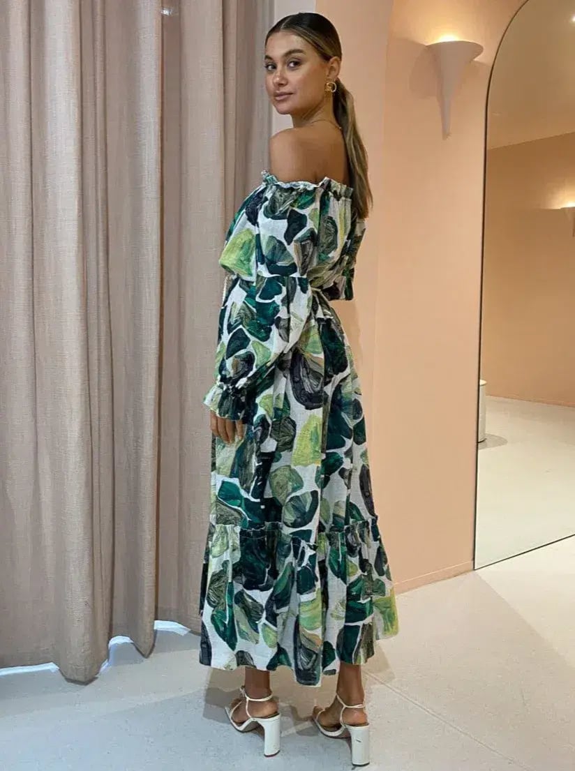Alemais Siena Off Shoulder Shirt Midi Dress In Green Floral Long Sleeve Green Size AU 14 photo 5