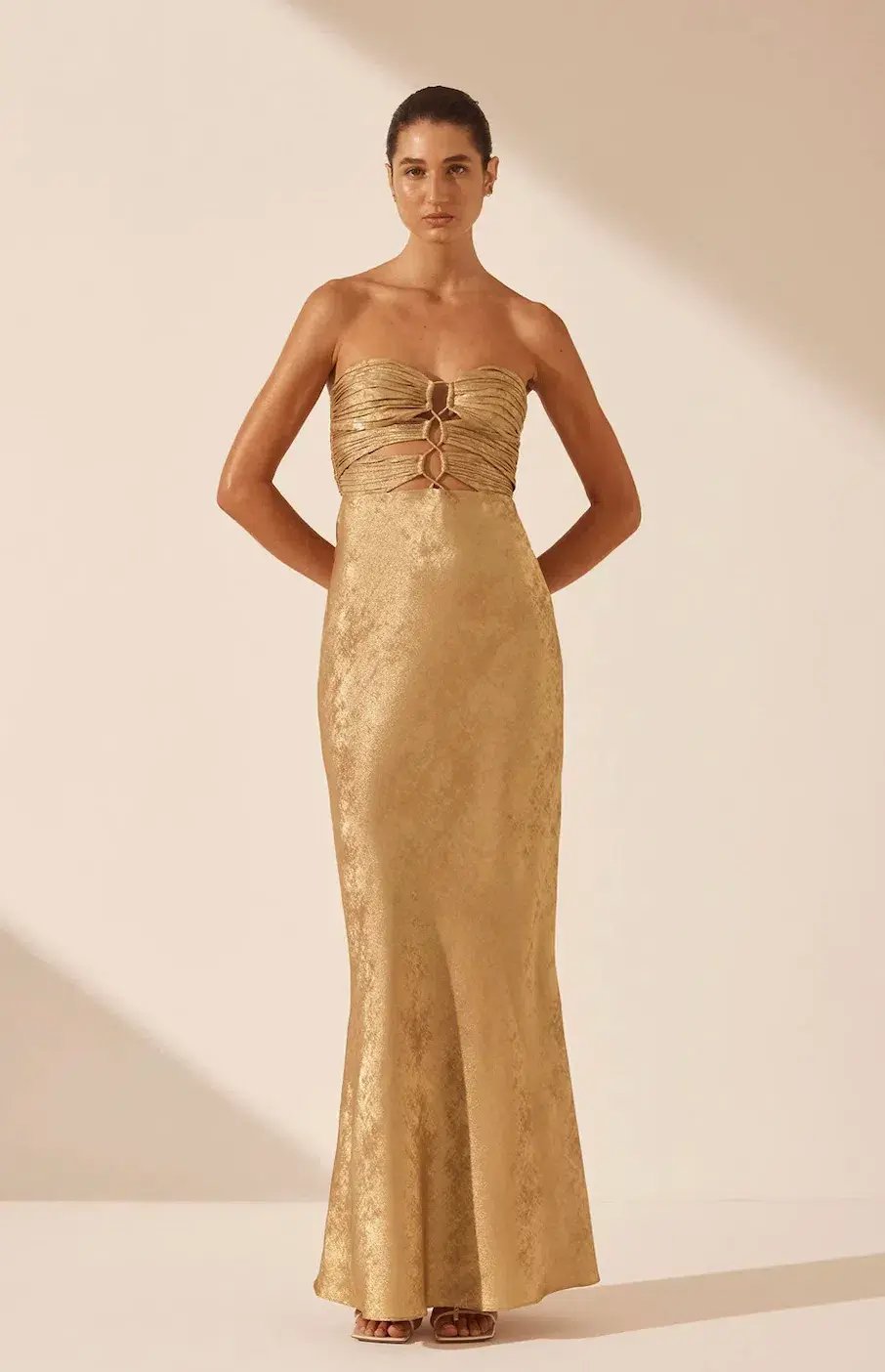 Shona Joy Royale Strapless Lace Up Maxi Dress Gold Size 10 photo 4