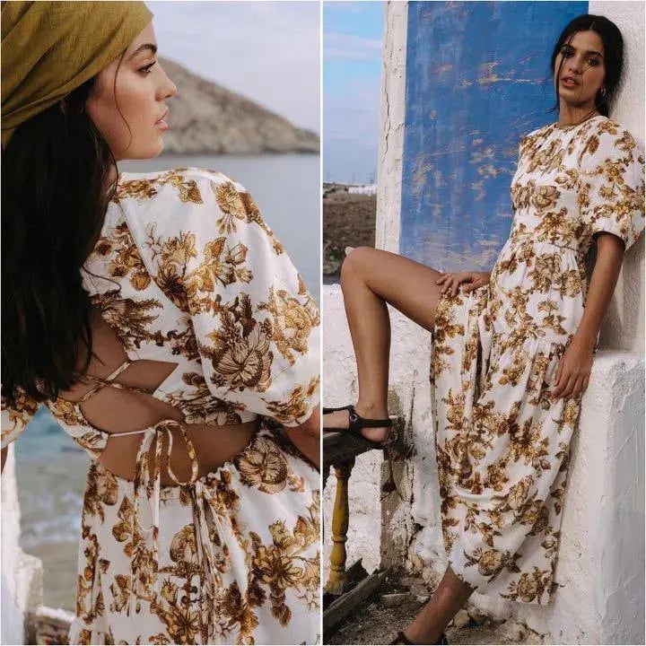Shona Joy Bella Linen Short Sleeve Open Back Midi Dress Print Size 10 photo 4