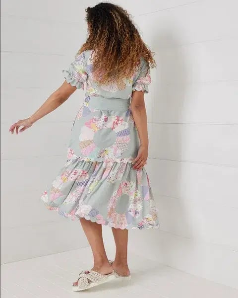 Binny Wheel of Fortune Linen Viscose Midi Dress Chambray Patchwork Print Size 16 photo 2