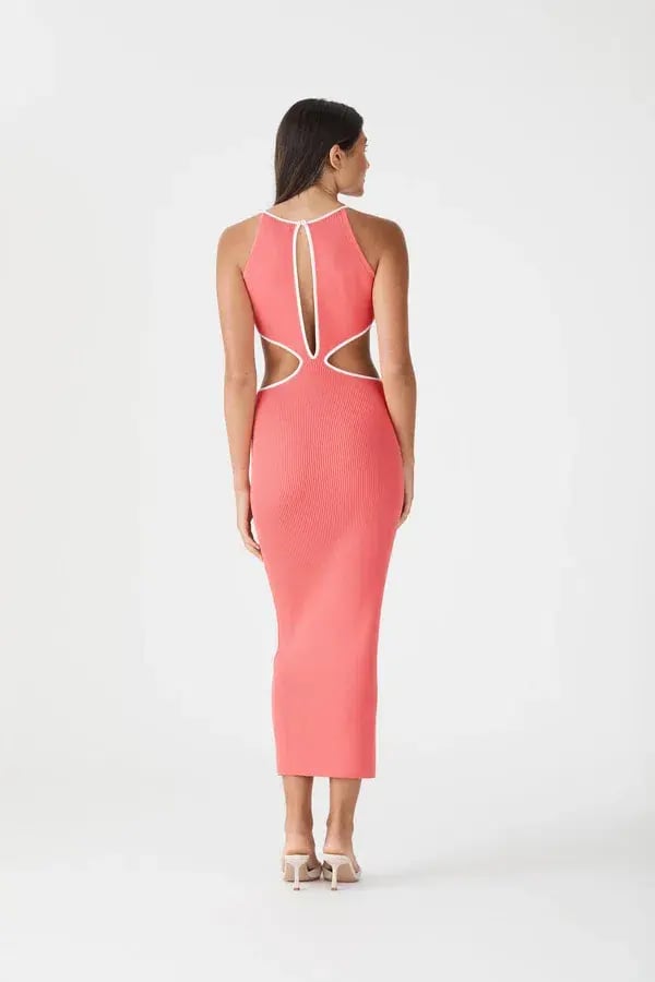 San Sloane Adrian Rib Midi Dress Coral-White Size 6 photo 4
