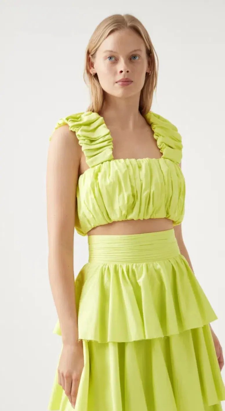 Aje Medina Ruched Cropped Top Size 14 and Tiered Midi Skirt Size 16 Set Light Lemon photo 2