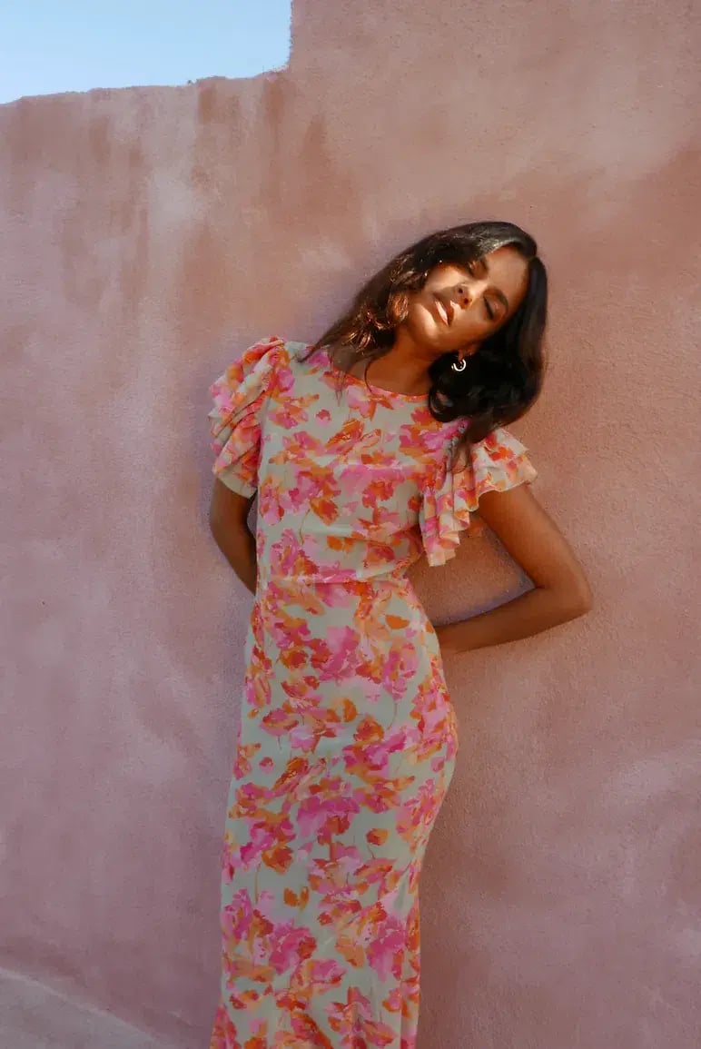 De La Vali Bougainvillea Maxi Dress Chiffon Sage Floral Size 6 photo 4