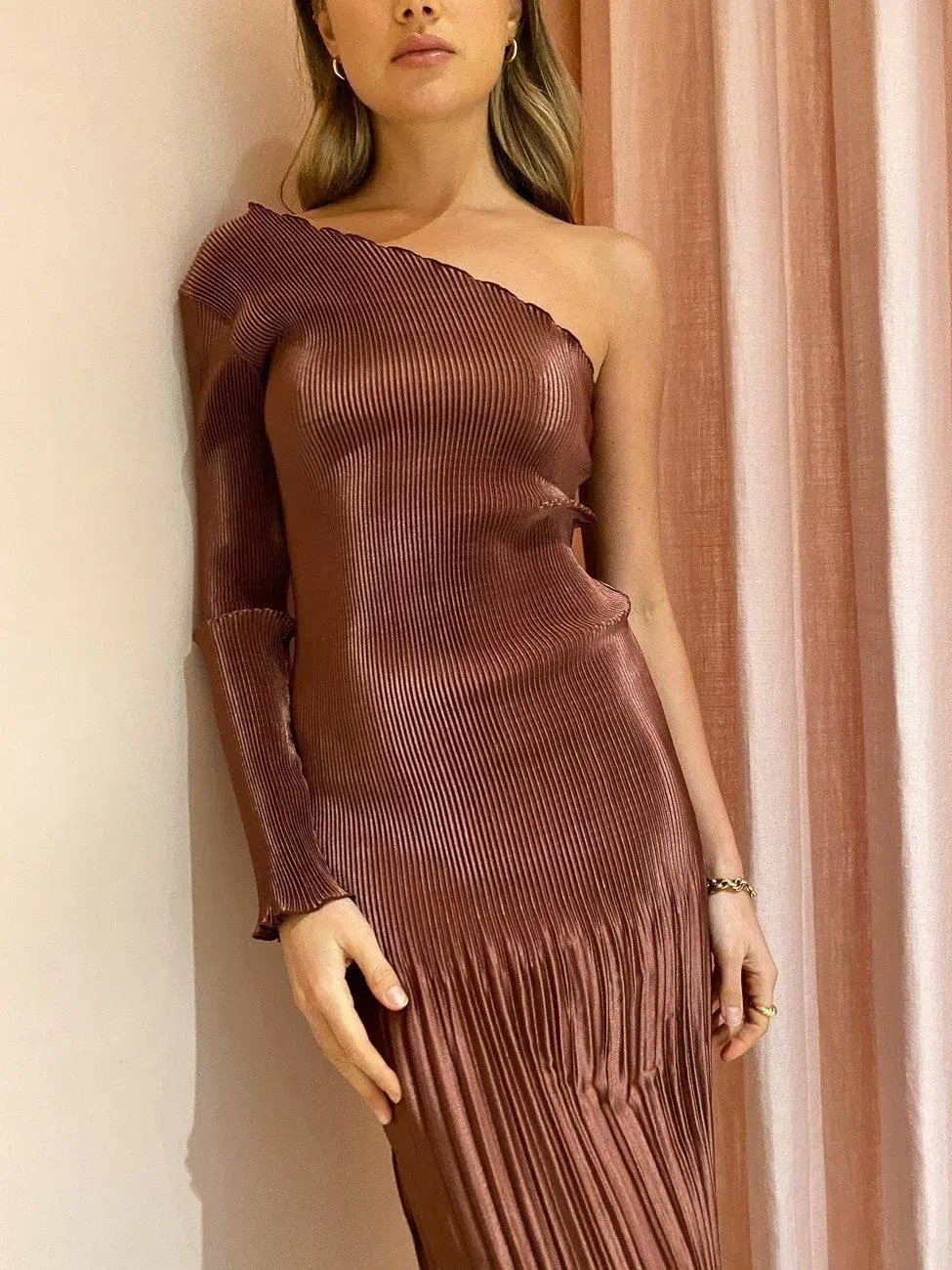 L'Idee Soiree One Shoulder L/S Dress Brown Size 6 photo 7