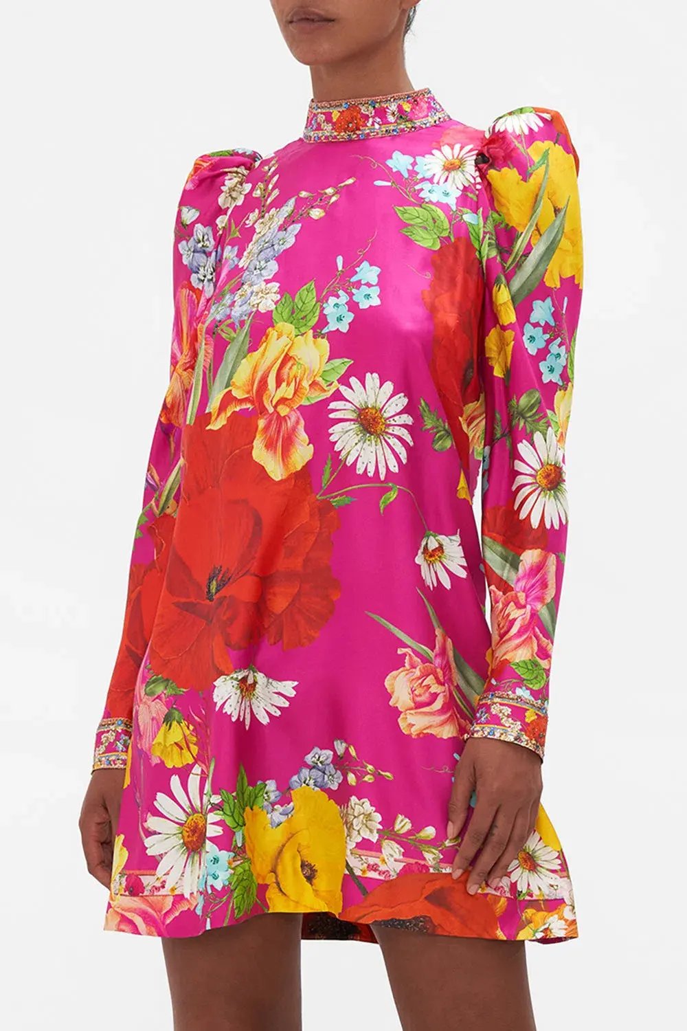 Camilla Puff Sleeve High Neck Mini Dress Floral Size M / Au 10 photo 2