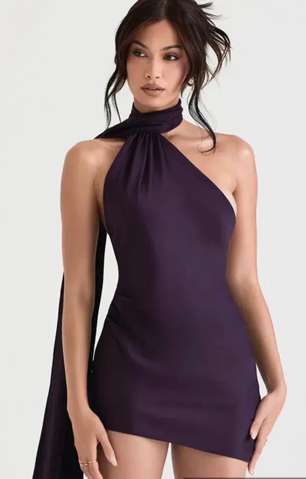 House of CB Aida Asymmetric Wrap Neck Mini Dress Night Shade Size 8 photo 2