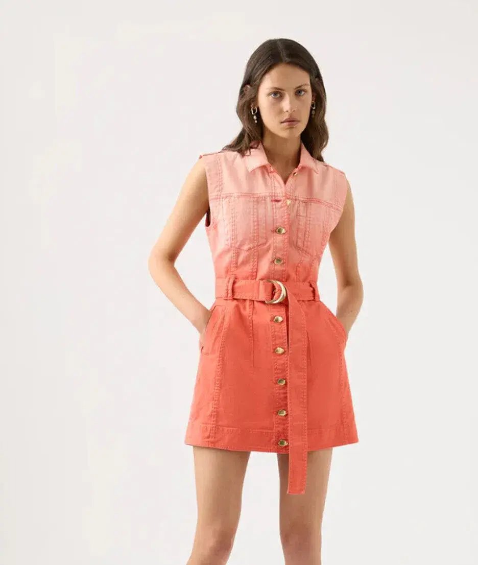 Aje Ember Ombré Denim Mini Dress Coral Sunset Size 12 photo 2