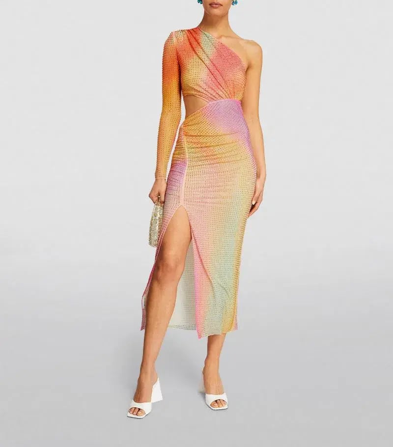 Self-Portrait Rhinestone Embellished One Shoulder Midi Dress Multi Size XS / AU 6 photo 2