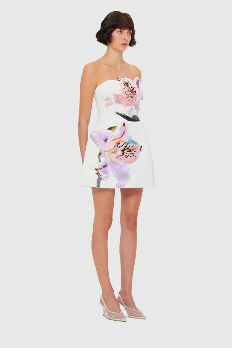 Leo Lin Rosario Appliqué Bustier Mini Dress - Lily Print in Snow photo 2
