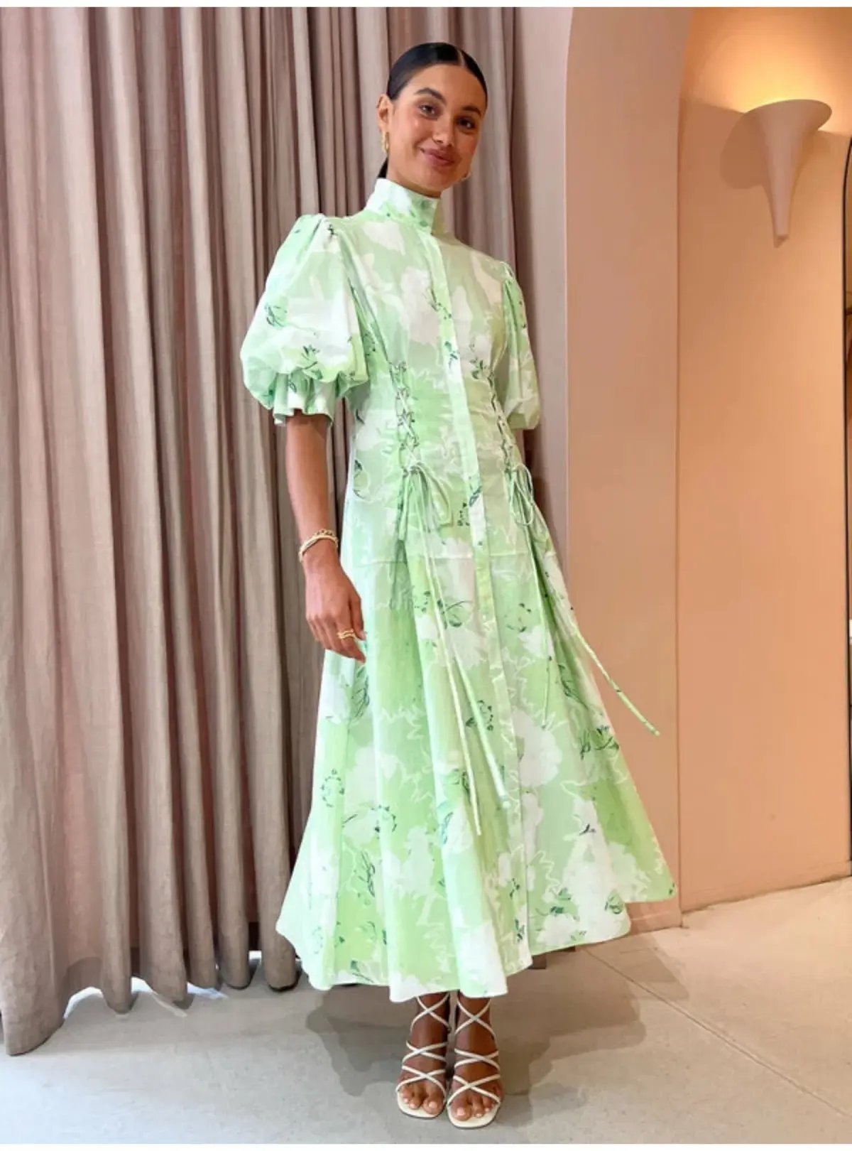 Leo Lin Anneke Drawstring Midi Dress Jasmine Print in Sage Size AU 12 photo 2