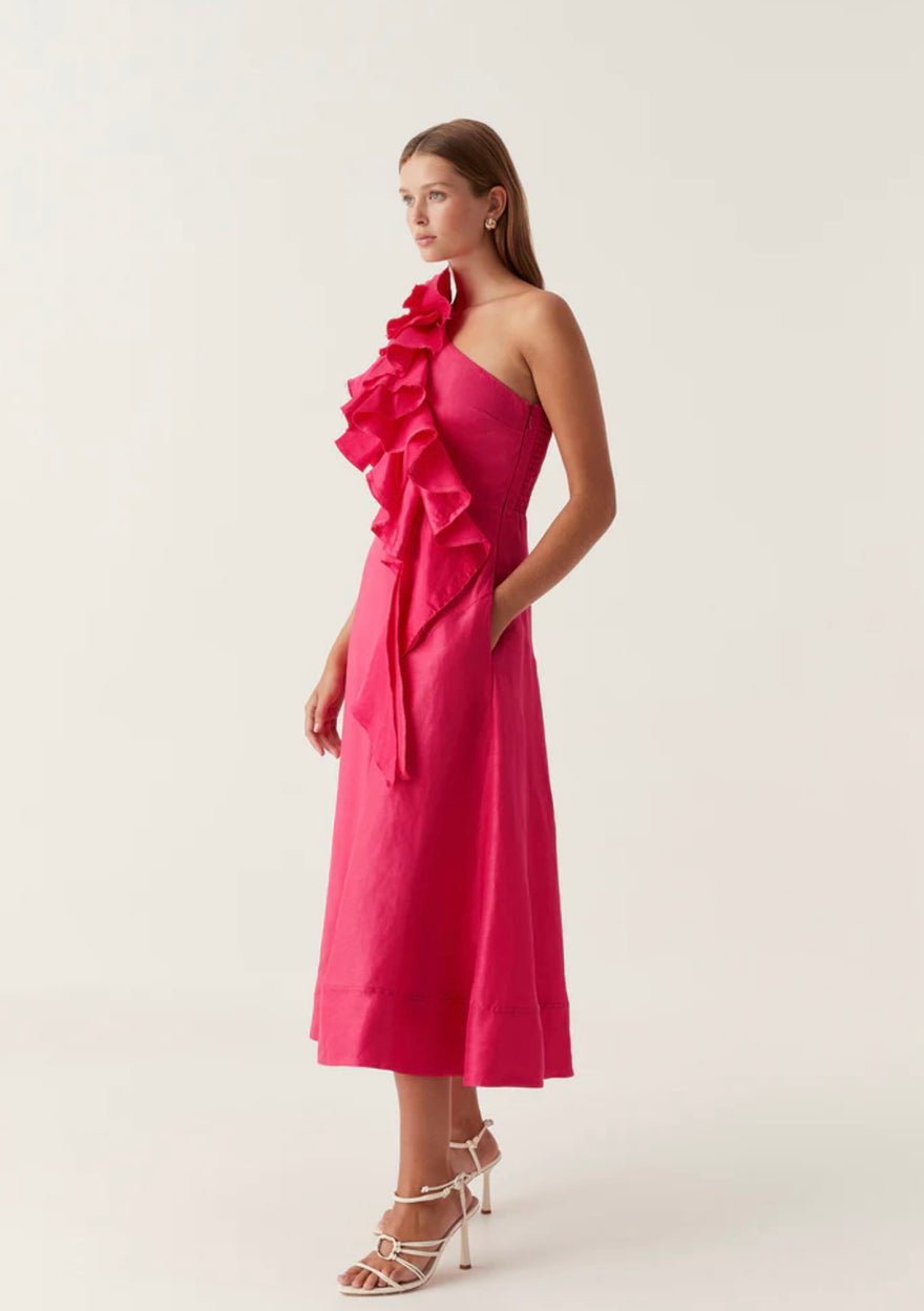 Aje Adelia Ruffle Midi Dress | Bougainvillea Red photo 3