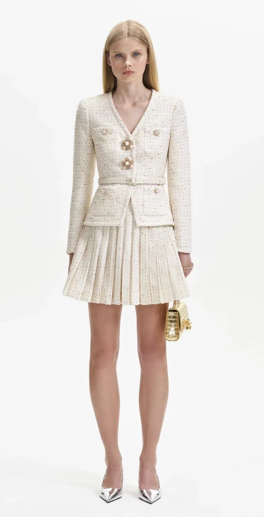 Self-Portrait Cream Metallic Boucle Mini Jacket Dress Size AU 8 photo 2