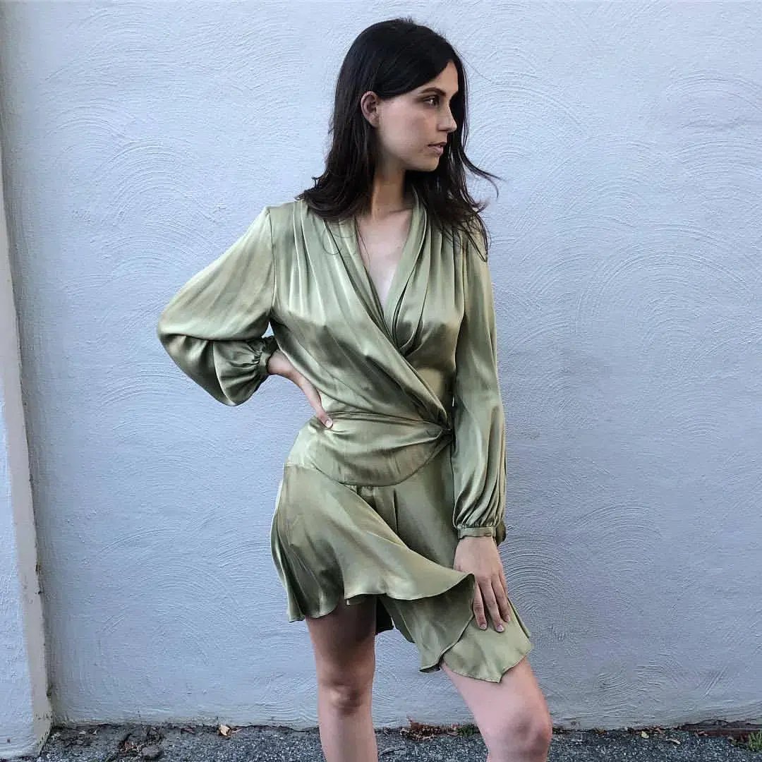 Zimmermann Long Sleeve Sueded Silk Wrap Robe Dress Olive Green Size 0 / AU 8 photo 3