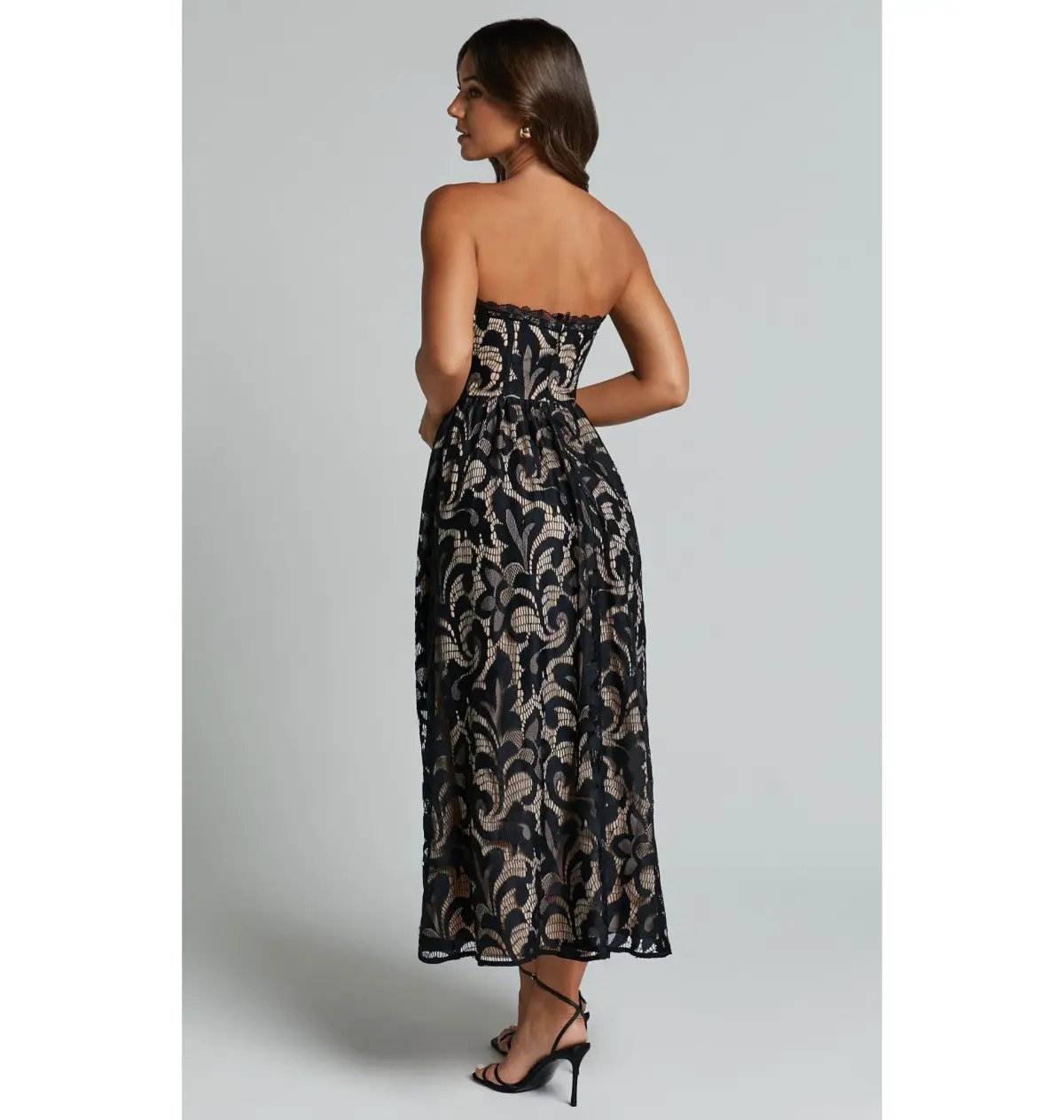 Sheike Madeleine Strapless Lace Scallop Hem Midi Dress in Black Size AU 8 photo 3
