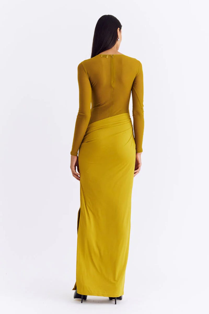 SUBOO AUGUSTE LONG SLEEVE MESH JERSEY MAXI DRESS - CITRON photo 3