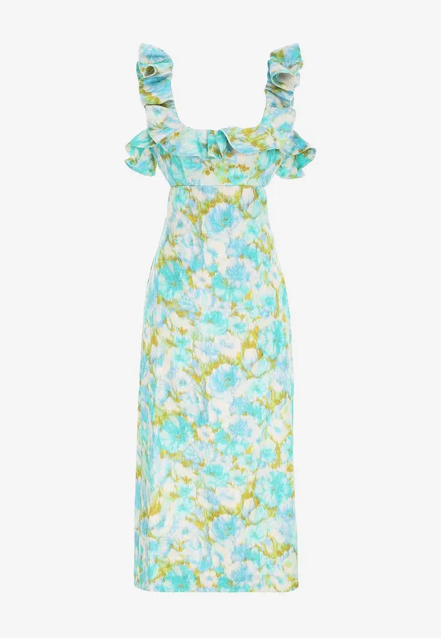 Zimmermann High Tide Frilled Midi Aqua Ikat Floral Size 1/Au 10 photo 3