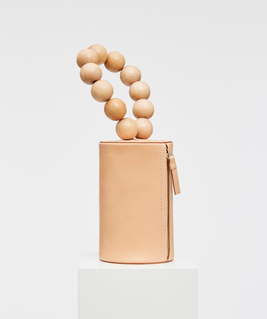 Building Block Wood Ball Wristlet Bag, Tan photo 3