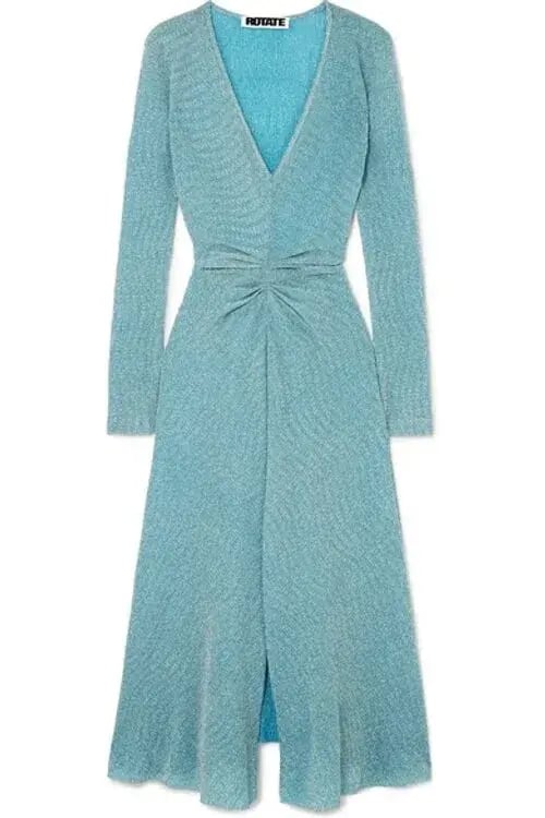 Rotate by Birger Christensen Gathered Metallic Stretch-Knit Dress Blue Size 8 photo 2