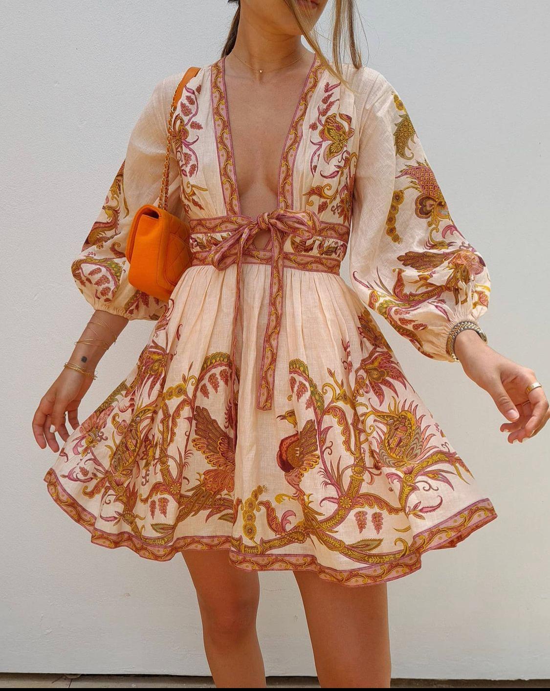 Zimmermann Cassia Plunge Bow Mini Dress Cream Bird Floral Size 6 photo 3