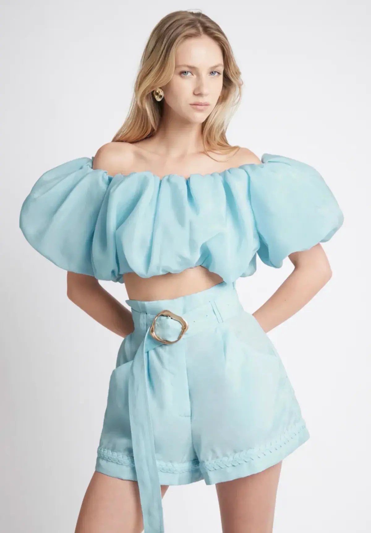 Aje Riviera Off Shoulder Tube Silk Top Size 6 and Braided Silk Short Size 10 Set Ice Blue photo 2