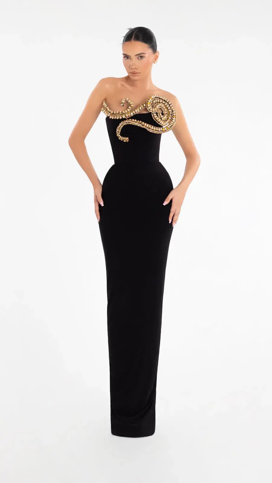Albina Dyla Evening Dress Black with Gold Embellishment Size 8 photo 2