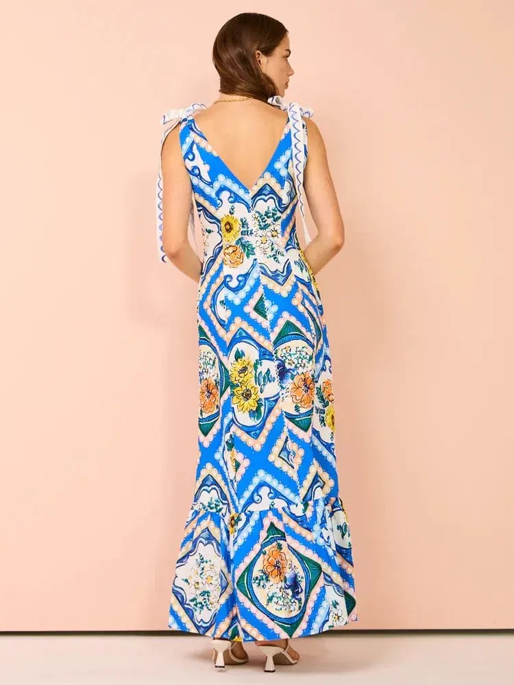 By Nicola Adoncia Tie Shoulder Maxi Dress Azure Floral Size 10 photo 4