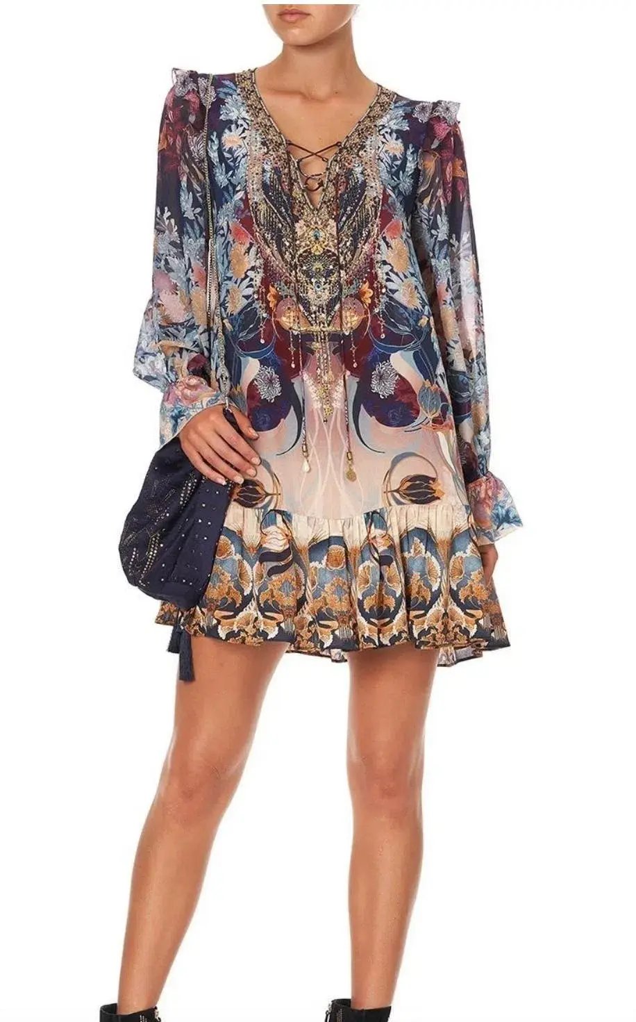 Camilla Nouveau Nights Ruffle Lace Up Dress Print Size XXL photo 5