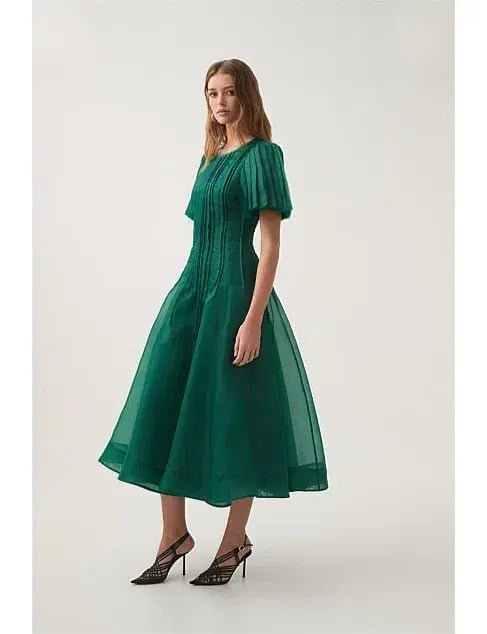 Aje Nova Pleated Midi Dress Emerald Green Size 12 photo 3