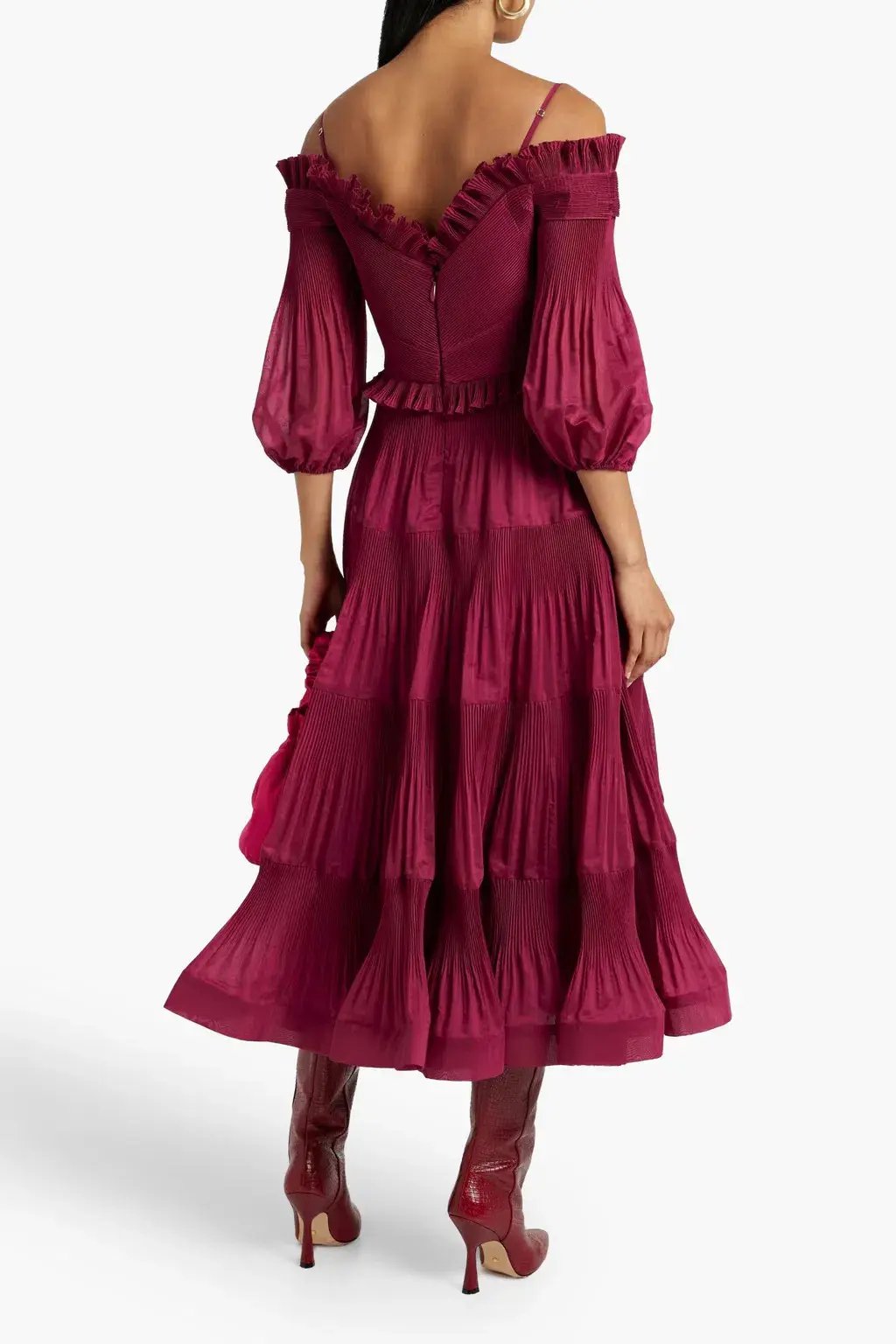 Zimmerman Pleated Off Shoulder Midi Dress in Berry Red Size 0 / AU 8 photo 2