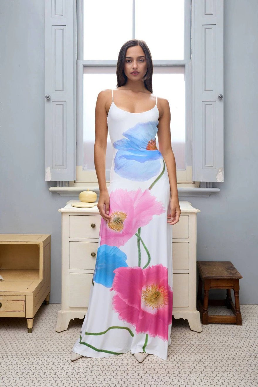 WITH HARPER LU Low Back Maxi Dress in Azure Poppy photo 2