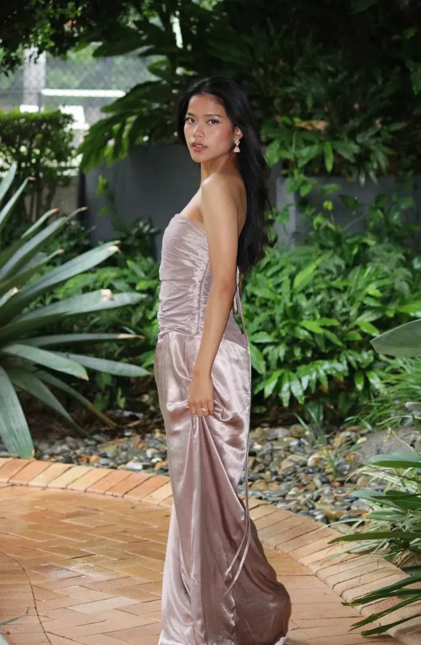 Serena Strapless Taffeta Maxi Dress - Bronze Taupe MESHKI size S photo 4