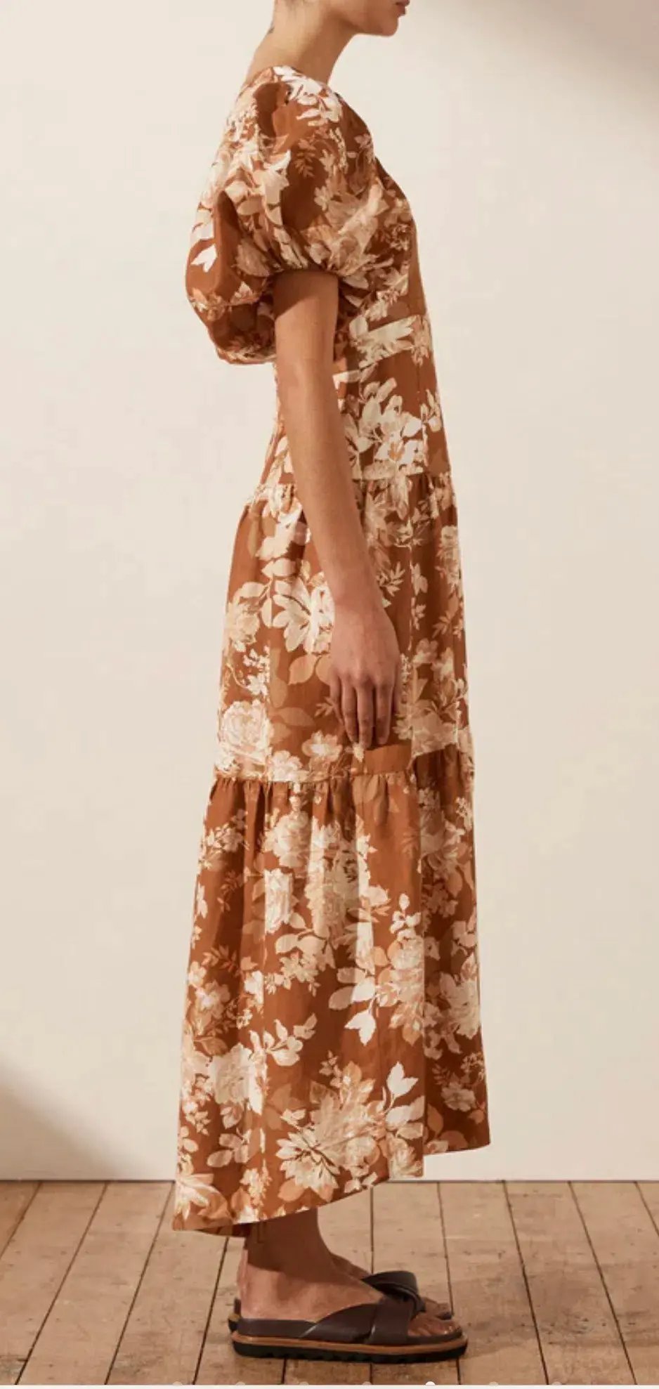 Shona Joy Capucine Linen Plunged Short Sleeve Midi Dress Almond Size 10 / M photo 3