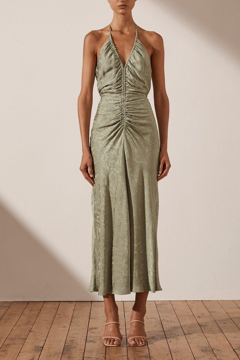 Shona Joy MIA HALTER RUCHED MIDI DRESS IN SAGE 10 photo 4