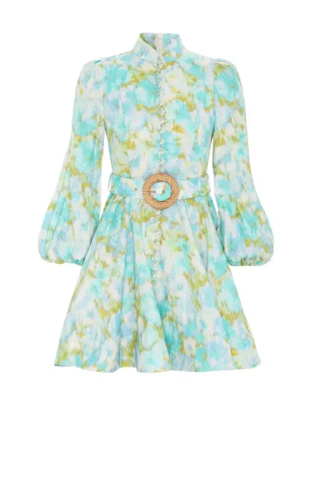 Zimmermann High Tide Buttoned Mini Dress Aqua Ikat Floral Size 1 /Au 10 photo 4