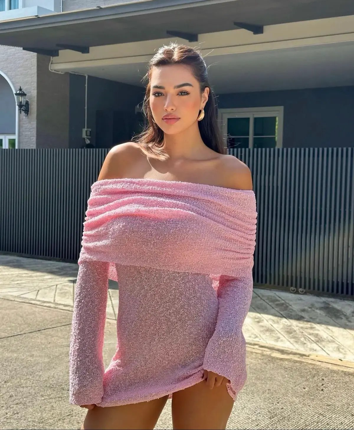 Meshki Marisol Off Shoulder Boucle Mini Dress in Baby Pink Size S / AU 8 photo 6