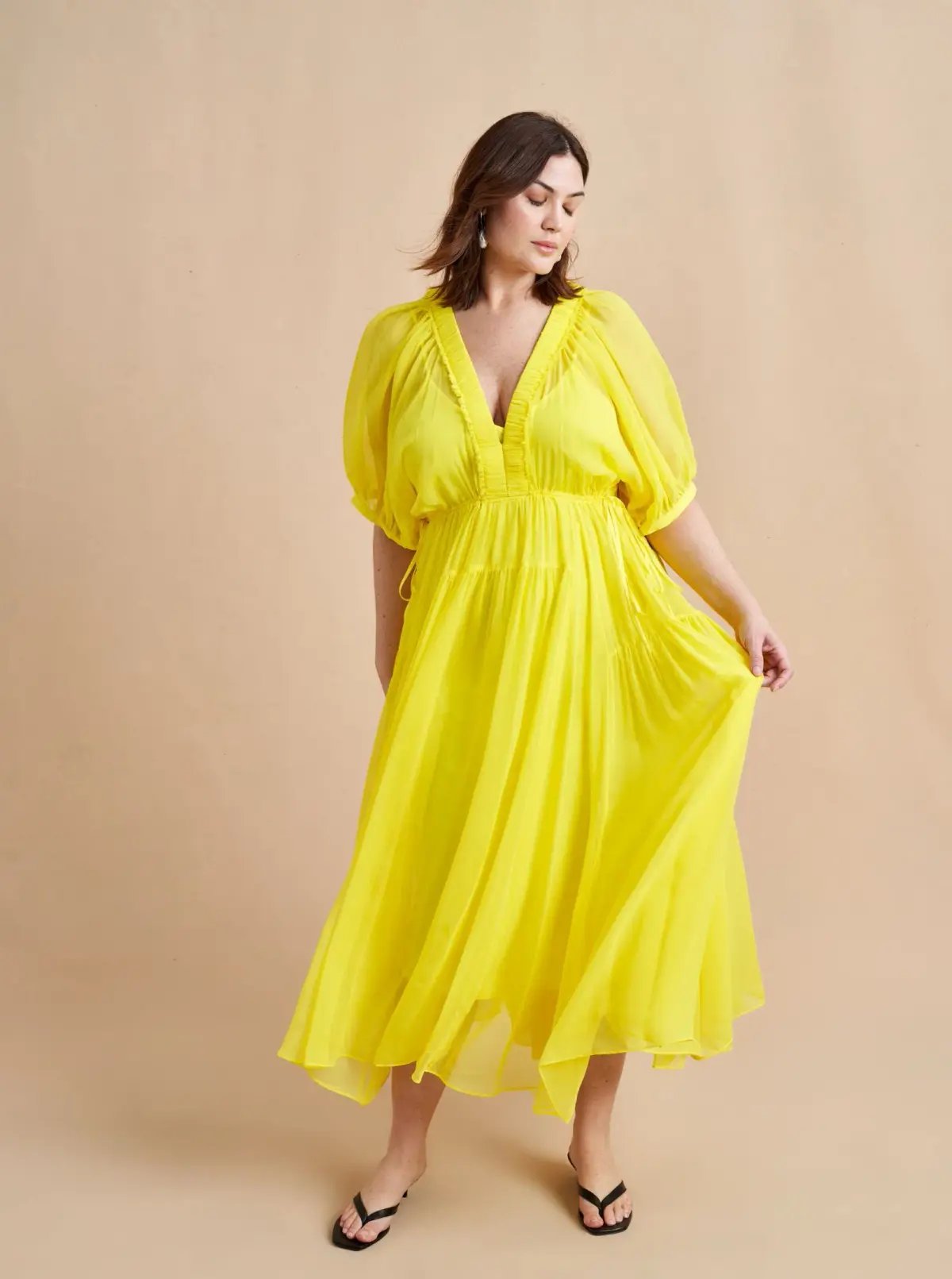 La Ligne Constance Shirred Silk-Chiffon Midi Dress Yellow Size 12 photo 2