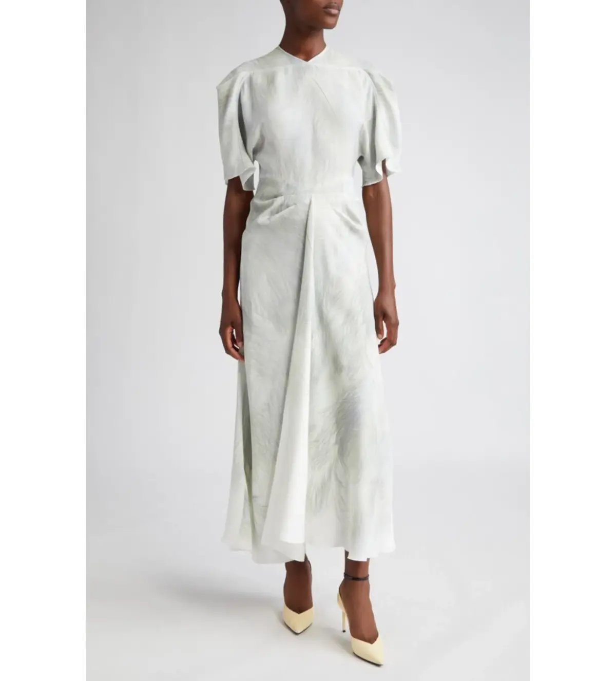 Victoria Beckham Drape Sleeve Midi Dress In White Digital Feather Print Size AU 8 photo 5